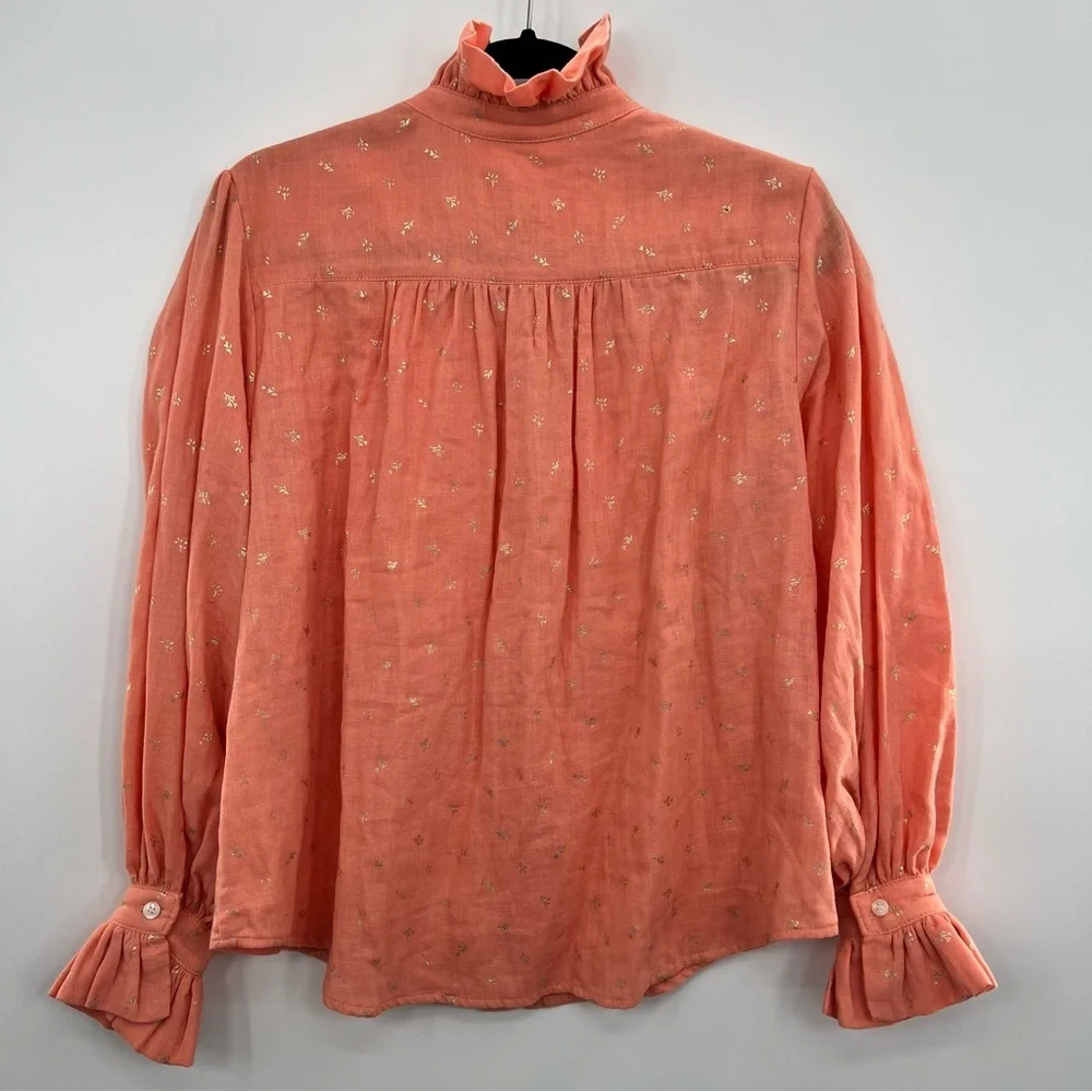 Delete Koch Phoebe Top Button Shirt Ruffle Collar Metallic Blouse Small - Picture 7 of 11